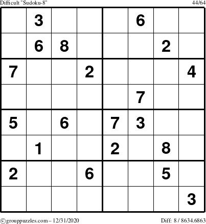 The grouppuzzles.com Difficult Sudoku-8 puzzle for Thursday December 31, 2020