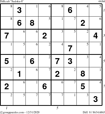 The grouppuzzles.com Difficult Sudoku-8 puzzle for Thursday December 31, 2020 with all 8 steps marked