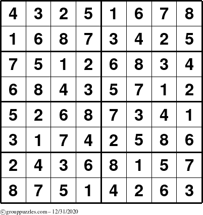 The grouppuzzles.com Answer grid for the Sudoku-8 puzzle for Thursday December 31, 2020