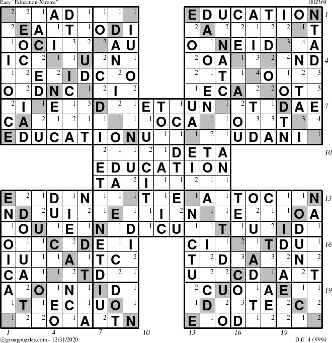 The grouppuzzles.com Easy Education-Xtreme puzzle for Thursday December 31, 2020 with all 4 steps marked