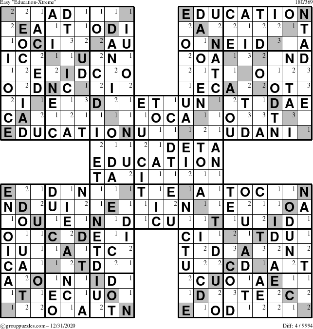 The grouppuzzles.com Easy Education-Xtreme puzzle for Thursday December 31, 2020 with the first 3 steps marked