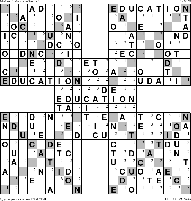 The grouppuzzles.com Medium Education-Xtreme puzzle for Thursday December 31, 2020 with the first 3 steps marked