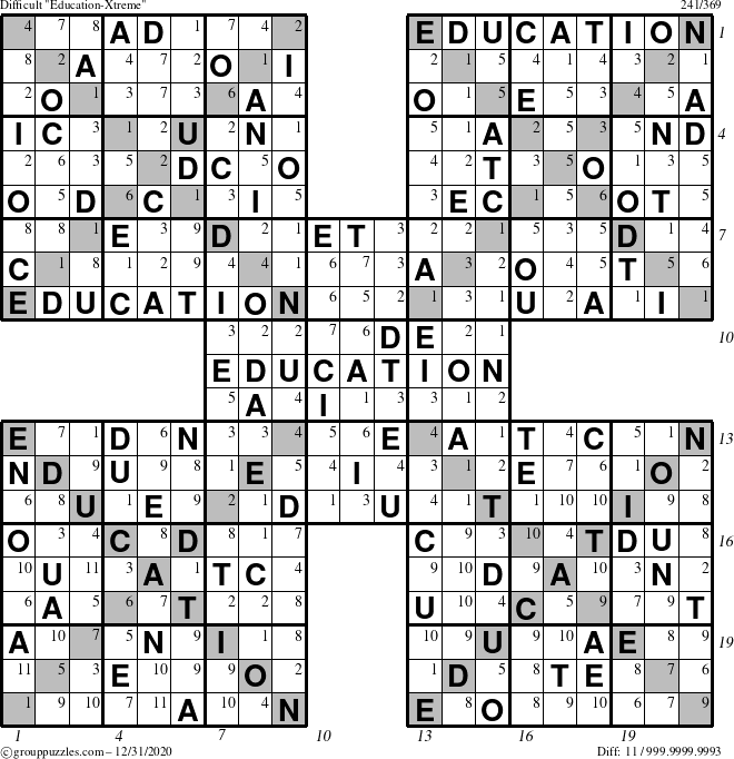 The grouppuzzles.com Difficult Education-Xtreme puzzle for Thursday December 31, 2020, suitable for printing, with all 11 steps marked