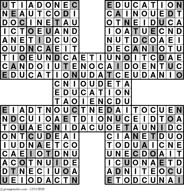 The grouppuzzles.com Answer grid for the Education-Xtreme puzzle for Thursday December 31, 2020