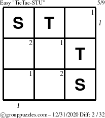 The grouppuzzles.com Easy TicTac-STU puzzle for Thursday December 31, 2020, suitable for printing, with all 2 steps marked