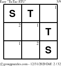 The grouppuzzles.com Easy TicTac-STU puzzle for Thursday December 31, 2020 with the first 2 steps marked