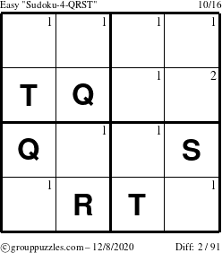 The grouppuzzles.com Easy Sudoku-4-QRST puzzle for Tuesday December 8, 2020 with the first 2 steps marked