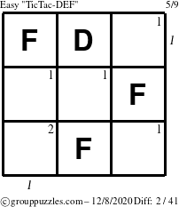 The grouppuzzles.com Easy TicTac-DEF puzzle for Tuesday December 8, 2020 with all 2 steps marked