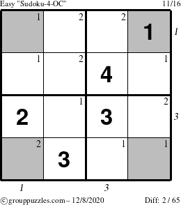 The grouppuzzles.com Easy Sudoku-4-OC puzzle for Tuesday December 8, 2020, suitable for printing, with all 2 steps marked