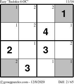 The grouppuzzles.com Easy Sudoku-4-OC puzzle for Tuesday December 8, 2020 with the first 2 steps marked