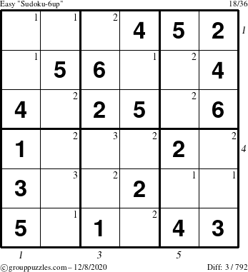 The grouppuzzles.com Easy Sudoku-6up puzzle for Tuesday December 8, 2020, suitable for printing, with all 3 steps marked