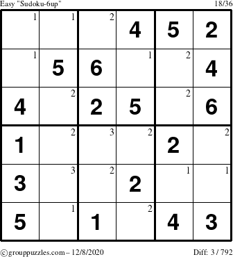 The grouppuzzles.com Easy Sudoku-6up puzzle for Tuesday December 8, 2020 with the first 3 steps marked