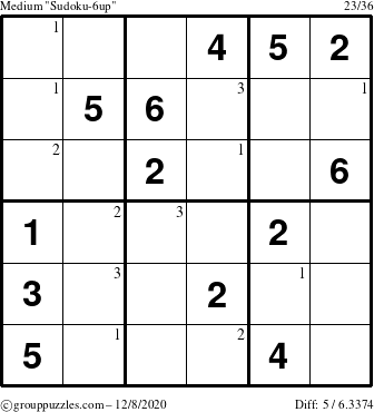 The grouppuzzles.com Medium Sudoku-6up puzzle for Tuesday December 8, 2020 with the first 3 steps marked