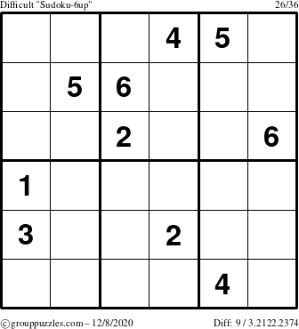 The grouppuzzles.com Difficult Sudoku-6up puzzle for Tuesday December 8, 2020