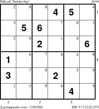 The grouppuzzles.com Difficult Sudoku-6up puzzle for Tuesday December 8, 2020 with all 9 steps marked