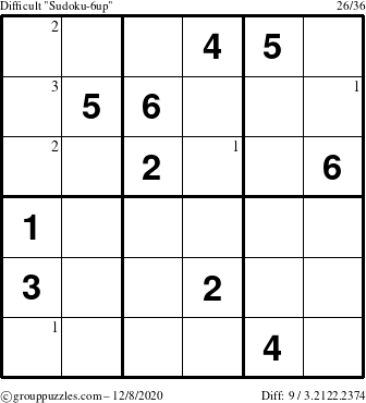 The grouppuzzles.com Difficult Sudoku-6up puzzle for Tuesday December 8, 2020 with the first 3 steps marked