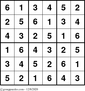 The grouppuzzles.com Answer grid for the Sudoku-6up puzzle for Tuesday December 8, 2020