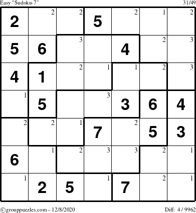 The grouppuzzles.com Easy Sudoku-7 puzzle for Tuesday December 8, 2020 with the first 3 steps marked