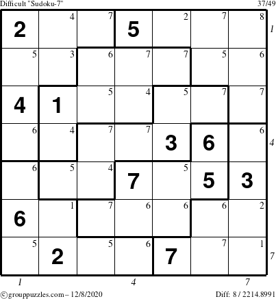 The grouppuzzles.com Difficult Sudoku-7 puzzle for Tuesday December 8, 2020 with all 8 steps marked