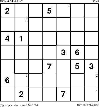 The grouppuzzles.com Difficult Sudoku-7 puzzle for Tuesday December 8, 2020 with the first 3 steps marked