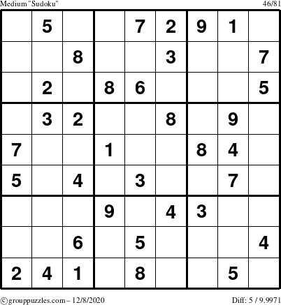 The grouppuzzles.com Medium Sudoku puzzle for Tuesday December 8, 2020