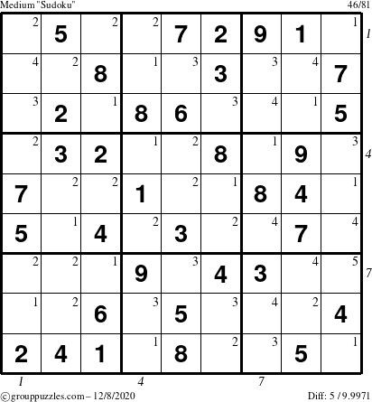 The grouppuzzles.com Medium Sudoku puzzle for Tuesday December 8, 2020 with all 5 steps marked