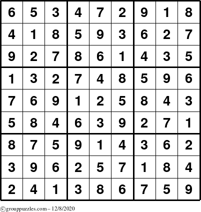 The grouppuzzles.com Answer grid for the Sudoku puzzle for Tuesday December 8, 2020