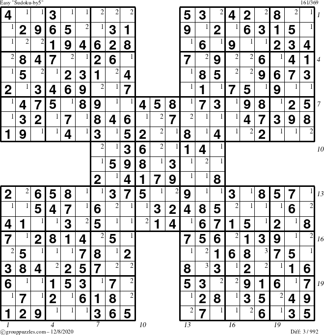 The grouppuzzles.com Easy Sudoku-by5 puzzle for Tuesday December 8, 2020 with all 3 steps marked