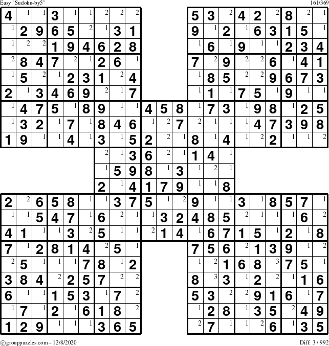 The grouppuzzles.com Easy Sudoku-by5 puzzle for Tuesday December 8, 2020 with the first 3 steps marked