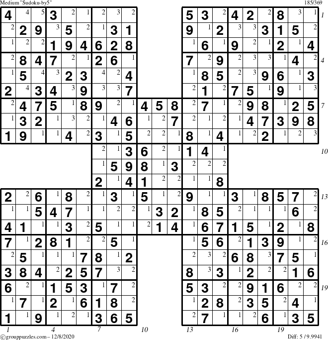 The grouppuzzles.com Medium Sudoku-by5 puzzle for Tuesday December 8, 2020 with all 5 steps marked