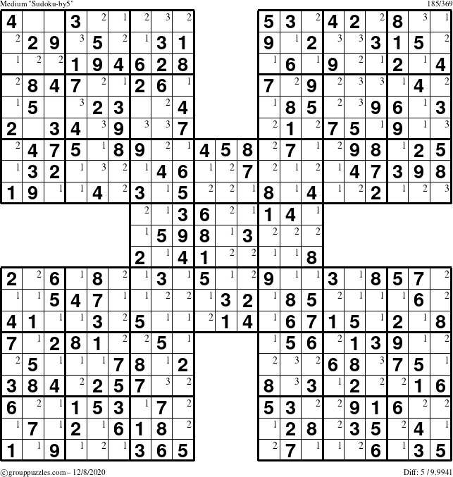 The grouppuzzles.com Medium Sudoku-by5 puzzle for Tuesday December 8, 2020 with the first 3 steps marked