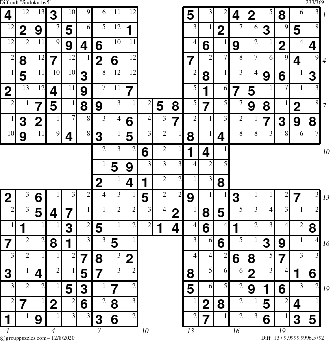 The grouppuzzles.com Difficult Sudoku-by5 puzzle for Tuesday December 8, 2020 with all 13 steps marked