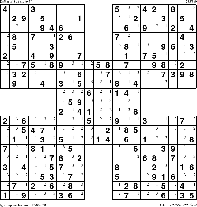 The grouppuzzles.com Difficult Sudoku-by5 puzzle for Tuesday December 8, 2020 with the first 3 steps marked