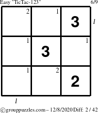 The grouppuzzles.com Easy TicTac-123 puzzle for Tuesday December 8, 2020, suitable for printing, with all 2 steps marked