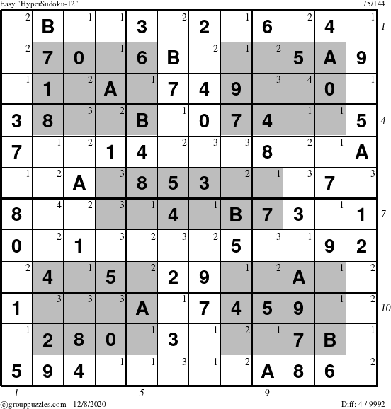 The grouppuzzles.com Easy HyperSudoku-12 puzzle for Tuesday December 8, 2020, suitable for printing, with all 4 steps marked