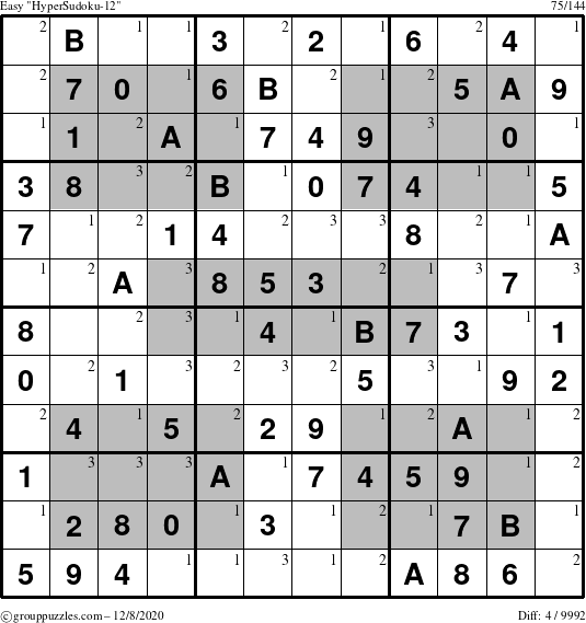 The grouppuzzles.com Easy HyperSudoku-12 puzzle for Tuesday December 8, 2020 with the first 3 steps marked