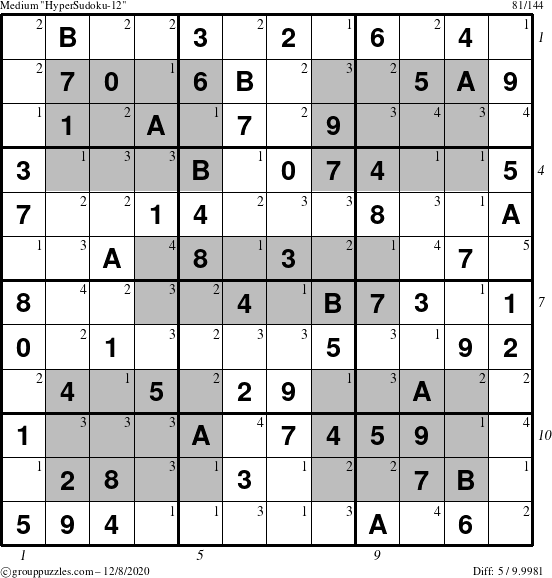 The grouppuzzles.com Medium HyperSudoku-12 puzzle for Tuesday December 8, 2020 with all 5 steps marked