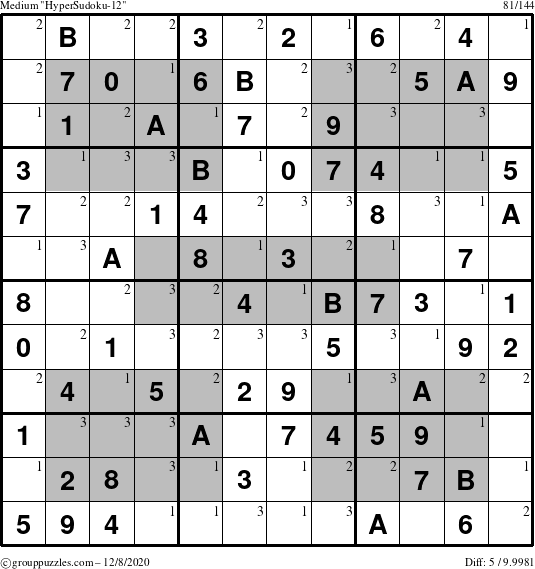 The grouppuzzles.com Medium HyperSudoku-12 puzzle for Tuesday December 8, 2020 with the first 3 steps marked