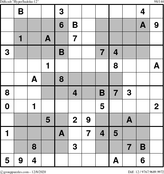 The grouppuzzles.com Difficult HyperSudoku-12 puzzle for Tuesday December 8, 2020