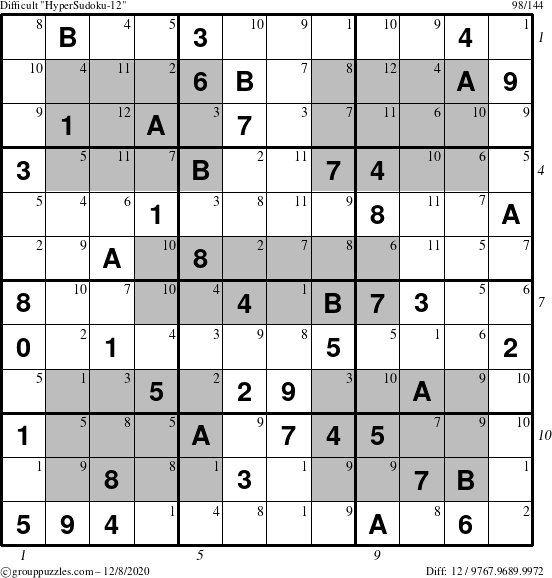 The grouppuzzles.com Difficult HyperSudoku-12 puzzle for Tuesday December 8, 2020 with all 12 steps marked