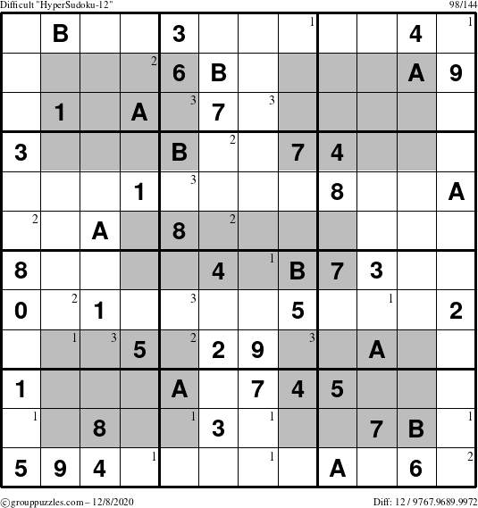 The grouppuzzles.com Difficult HyperSudoku-12 puzzle for Tuesday December 8, 2020 with the first 3 steps marked