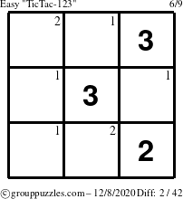 The grouppuzzles.com Easy TicTac-123 puzzle for Tuesday December 8, 2020 with the first 2 steps marked