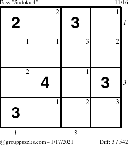 The grouppuzzles.com Easy Sudoku-4 puzzle for Sunday January 17, 2021 with all 3 steps marked