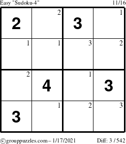 The grouppuzzles.com Easy Sudoku-4 puzzle for Sunday January 17, 2021 with the first 3 steps marked