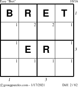 The grouppuzzles.com Easy Bret puzzle for Sunday January 17, 2021 with all 2 steps marked