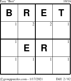 The grouppuzzles.com Easy Bret puzzle for Sunday January 17, 2021 with the first 2 steps marked