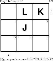 The grouppuzzles.com Easy TicTac-JKL puzzle for Sunday January 17, 2021 with all 2 steps marked