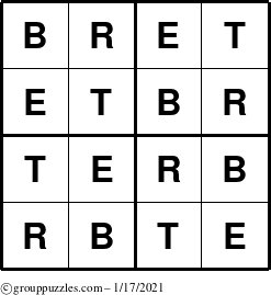 The grouppuzzles.com Answer grid for the Bret puzzle for Sunday January 17, 2021