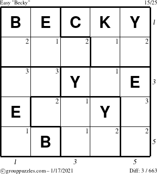 The grouppuzzles.com Easy Becky puzzle for Sunday January 17, 2021 with all 3 steps marked