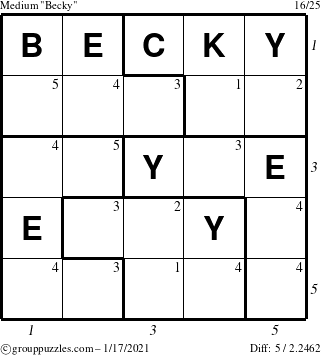 The grouppuzzles.com Medium Becky puzzle for Sunday January 17, 2021 with all 5 steps marked